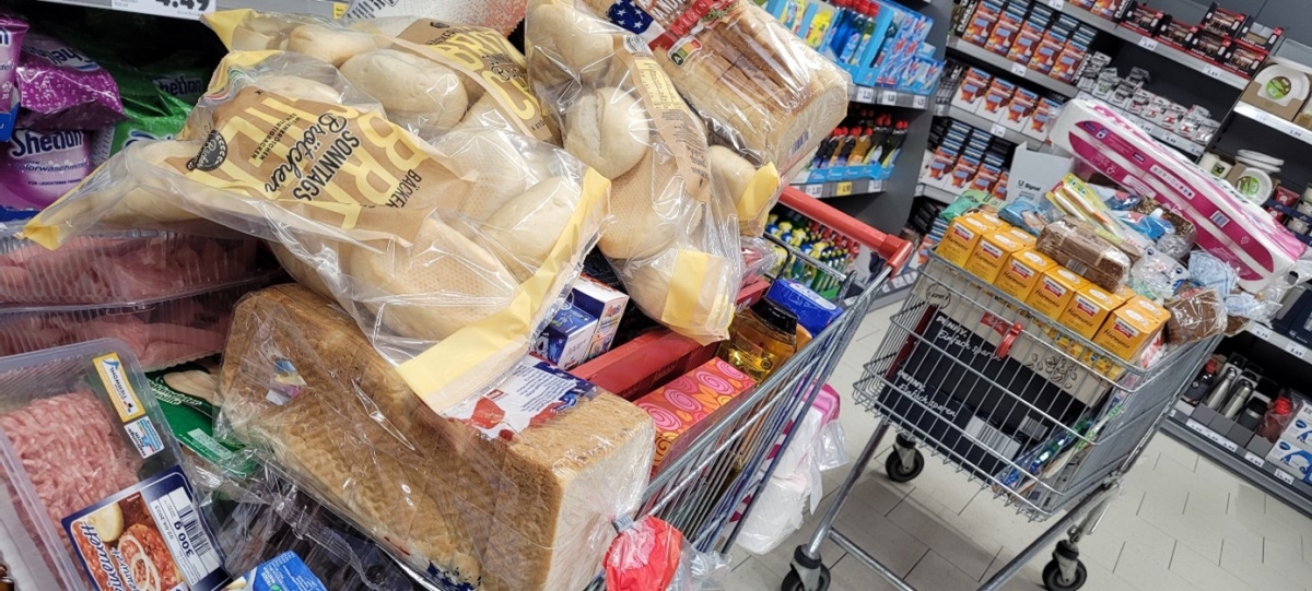 2 Einkaufwagen randvoll mit Lebensmittel